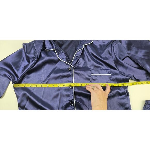 XL lounge sleep set silky navy blue button front elastic waist wode leg NWOT - Picture 6 of 8